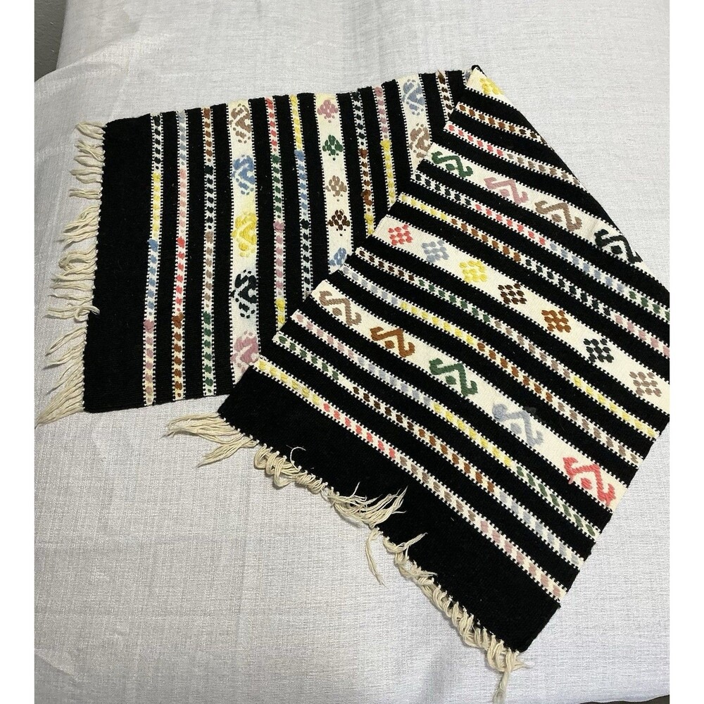 Vintage Hand Woven Mexican Table Runner Black Geometric Folk Art Fringe